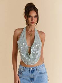 SHEIN BAE 夏季露背肩带亮片装饰女式上衣，适合海滩度假 - 綠色 - 查看 1