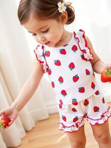 2pcs Baby Girls' Spring/Summer Fashion Soft & Comfy Strawberry Print Ruffle Hem Camisole And Shorts Set - White - View 10