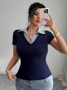 Elenzga Women's Plus Size Elegant Contrast Color Collar Patchwork Tight Stretchy Casual Versatile Fashion Design Short Sleeve Shirt/Blouse, Spring/Summer 2025 - Multicolor - View 4