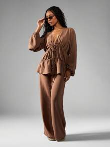 MISSGUIDED Elegant Linen Feel Tiered Ruffle Blouse Wide Leg Pants Set Boho Drawstring Waist Long Sleeve Autumn Winter Resort Wear Loungewear Coordinates - Brown - View 1