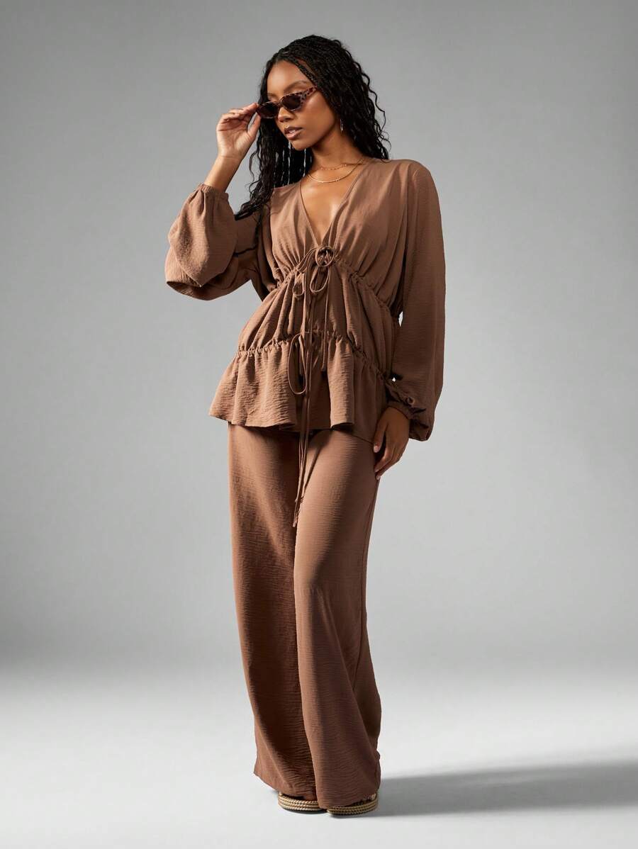 MISSGUIDED Elegant Linen Feel Tiered Ruffle Blouse Wide Leg Pants Set Boho Drawstring Waist Long Sleeve Autumn Winter Resort Wear Loungewear Coordinates - Brown - View 1