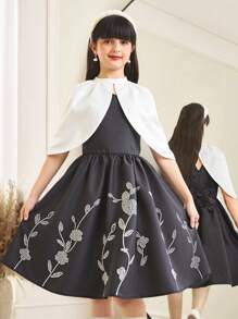 SHEIN Tween Girl 2 Pieces Set: Stand Collar Outerwear And Rhinestone Embellished Minimalist Dress - Black - View 1