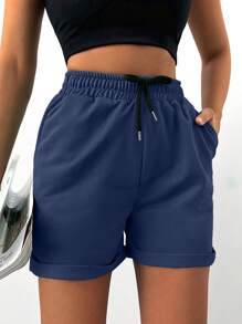 EURMUSE Solid Color Casual Drawstring Waist Shorts With Pockets, Suitable For Summer - Navy Blue - View 5