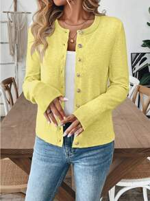 SHEIN Unity Women Single-Breasted Casual Long Sleeve Cardigan, Solid Color Versatile - Yellow - View 6