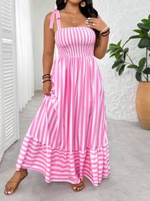 SHEIN Tall CURVE 大码女式度假细肩带条纹打结吊带连衣裙 - 粉色 - 查看 5