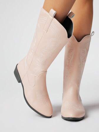 Fairycore Farbblockpatten Stiefel knöchelhoch aus Denim, Western-Stil Stiefeletten, Neue Kollektion Frühjahr/Sommer 2024