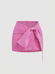 SHEIN EZwear Minifalda de mezclilla de tiro bajo elástica para mujer, ceñida y sexy con decoración de lazo, color azul