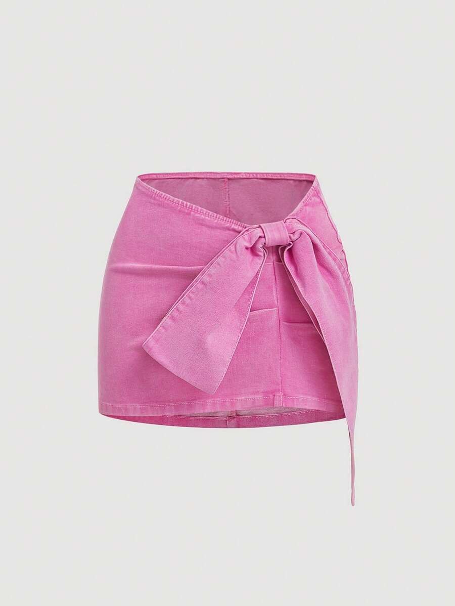 SHEIN EZwear Minifalda de mezclilla de tiro bajo elástica para mujer, ceñida y sexy con decoración de lazo, color azul