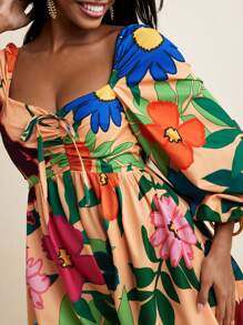BELANGE HANDMADE Floral Print Flared Long Sleeves Bow Backless Women Jumpsuit Vacation Holiday Beach