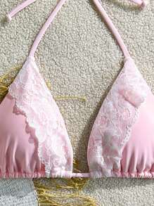 Swim Mod Women's Casual Vacation Minimalist Solid Color Lace Trim Halter Bikini Top For Summer - Pink - View 5