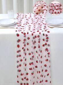 SHEIN 1 件 75*180 厘米粉色草莓图案桌旗，75 厘米*180 厘米网眼纱布桌旗桌布适用于生日婚宴、婚礼装饰、生日装饰、婚礼派对桌旗、家居装饰、夏季水果草莓主题桌旗节日派对餐桌装饰 - 紅白色 - 查看 5