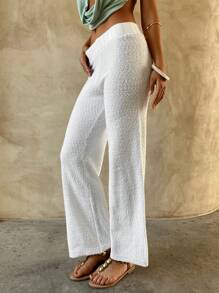 Aloruh Women's Solid Color Elastic Waist Straight Loose Casual Knit Pants - Beige - View 4