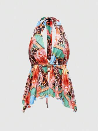 Grunge Punk Top de tirantes finos con espalda descubierta, con estampado tropical y decoración de estrías con strass al estilo Y2K para mujeres