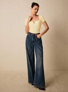 Poéselle Women's Summer Solid Color Slim Fit Short Sleeve T-Shirt With Notched Neckline Has A Breast Cup T-Shirt Wedding Modest Elegant Graduation Office Wear Street Wear Milkmaid Sexy Women Tops Summer T-Shirt Old Money - Yellow - View 7