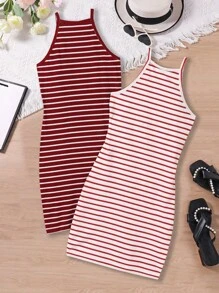 SHEIN Gestreiftes ärmelloses Kleid in Große Größen für Mädchen, Mehrfachpackung