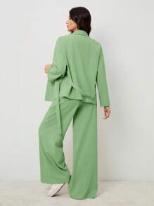 SHEIN Tall Elegant & Casual Vacation/Commute Women Collar Tie Waist Loose Shacket With High Waist Soft Pants, Suitable For Autumn & Summer - Green - View 2