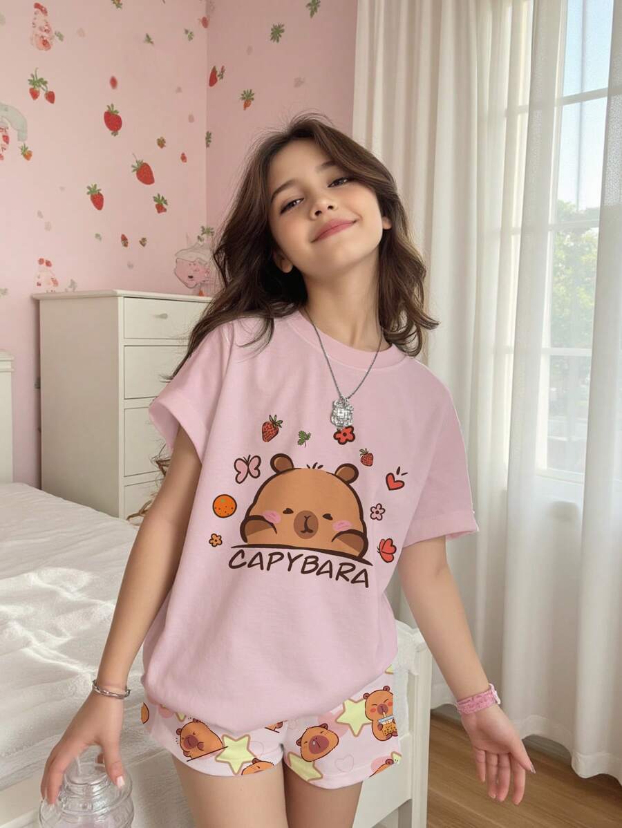 SHEIN Leap Crew 青少年女孩休闲简约图案圆领短袖短裤睡衣套装，适合夏季 - 彩色 - 查看 1