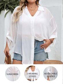 SHEIN CURVE+ Super Plus Size Sheer Sunscreen Shirt, Adjustable Sleeve, Suitable For Beach And Holiday Trips, Curve Plus, Boho Vacation Beach Outfits For Woman/Beach /Beach Vacation Outfits/Beach Essentials / Graduation/Tea Party  - White - View 1