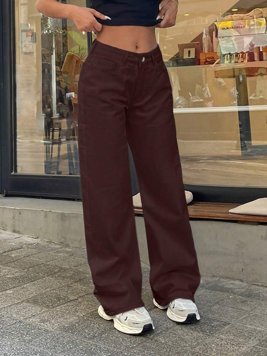 EURMUSE 100% Cotton LOW RISE WIDELEG CUT WHITE JEAN - Brown - View 1