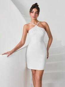 SHEIN Cottnline ELEGANT RHINESTONE OFF SHOULDER NECK TIE BACK DRESS - White - View 4