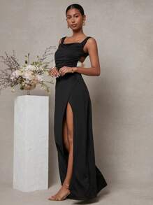 L'Amorae Elegantes Maxikleid mit offenem Rücken und Kontrastschleife für Hochzeitsgäste