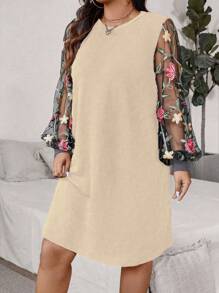SHEIN Plus Size Mesh Long Sleeve Dress, Fashion Summer Wear - Apricot - View 3