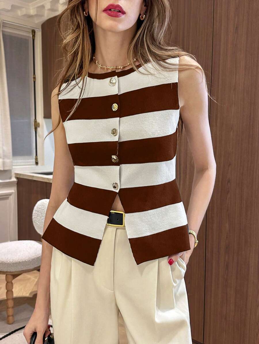 Pariaura 年轻时尚简约法式黑白条纹圆领不对称下摆金属扣修身针织休闲/通勤/度假套头衫，百搭罗纹针织，适合春夏秋季