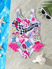 Young Girl' Random Cute Graffiti Printed Ruffled One-Piece Swimsuit, Summer - Multicolor - View 6