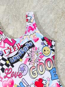 Tween Girls Random Cute Graffiti Print One-Piece Swimsuit, Perfect For Beach Vacation In Summer - Multicolor - View 3
