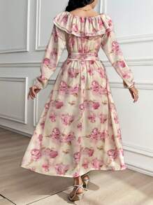 Modelyn Vestido con cintura entallada, cuello de volantes y hombros descubiertos con estampado floral romántico a la francesa