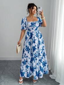 Elenzga Große Größen Maxikleid für Damen mit inspiriertem blauen und weißen Porzellanmuster, Quadratausschnitt, Puffärmeln und elegantem fließendem Rock, das feminine Ausstrahlung zeigt, geeignet für Frühling und Sommer