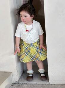 DAZY Baby Girl Round Neck Casual Bow Decor Loose Short Sleeve Top, Back Top School - White - View 9