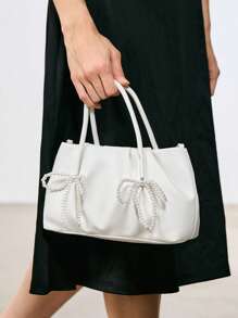 SHECARRY Ladies Fashion Elegant Beaded Bow Decor Handbag - White - View 5