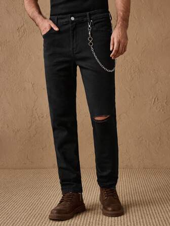 GENTILAND Men's Fashion Denim Jeans With Chain Decorative Details, Ins-Style