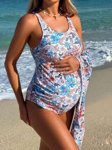SHEIN Maternity Summer Beach Floral Print One-Piece Swimsuit With Matching Sarong Skirt