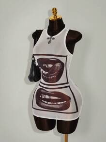Amplova Gyaru Style  Rave Outfits Festival Rave Outfits Festival Lip Print Sheer Bodycon Mini Dress - White - View 1