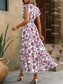 SHEIN Clasi Floral Print Butterfly Sleeve Ruffle Hem Dress Maxi Women Outfit - Burgundy - View 2