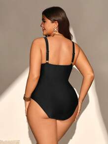 SHEIN Swim Curve Maillot de bain une pièce noir unicolore pour femmes grandes tailles avec 1 pièce design taille haute amincissant (monokini)