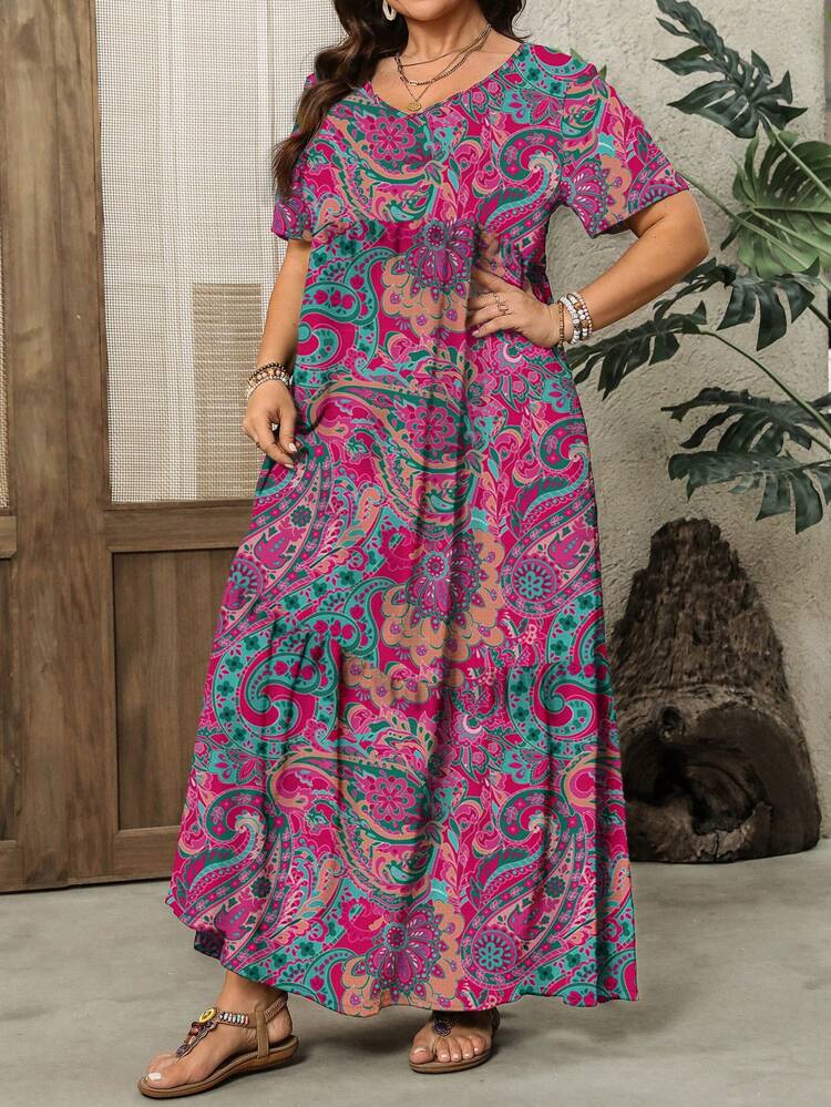 Plus Size Women Countryside Casual Minimalist Cashew Print Short Sleeve  Loose Fit Long Dress, Gifts For Mother,Summer Holiday,Vacation Outfits Women,Simple And Fashionable For Everyday Wear,Vacay Vibes,Springbreak,Casual Wear SS,Bohemia,Sun Dresses For Women Chic Dress