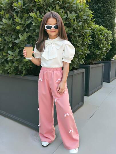 Firerie Kids Firerie Kids Nova Glow Tween Girl 可拆卸蝴蝶结泡泡袖衬衫和紧身裤两件套，休闲百搭，适合日常通勤