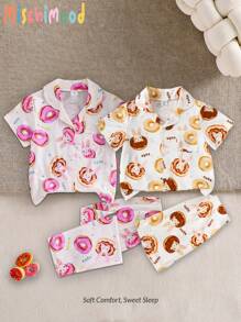 2pcs/Set Young Girl Summer Sweet Donuts & Rabbit Printed Short Sleeve Cardigan Loungewear Set - Pink - View 7