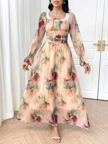 Modelyn Vestido de manga larga con estampado floral menudo en estilo retro francés, vestido primaveral de talla grande encantador y favorecedora - Multicolor - Ver 7