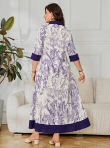 Lacomfia Plus Size Summer Fashion Patchwork Collared Shirt - Purple - View 2