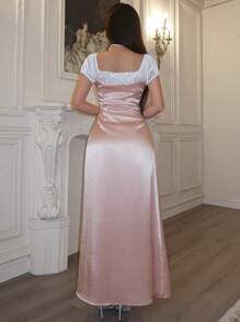 DAZY 女式露肩拼色光滑缎面长裙，正式女装 - 粉色 - 查看 5