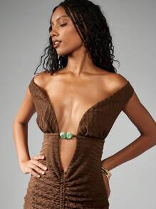 MISSGUIDED Off Shoulder Ruched Mini Dress Plunging Neckline Beaded Accent Summer Fall Party Club Evening Statement Bodycon Holiday Night Out - Coffee Brown - View 4