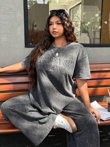 Muchica Plus Size Spring & Summer Clothing 2 Pieces Set: Distressed Acetate Black Snowflake Print Loose T-Shirt + Pants, Casual Cotton Suit