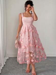 Cravure Plus Size Women's Elegant French Off Shoulder Solid Light Pink Sleeveless Floral Splice Romantic Long Dress, High Quality, Spring/Summer