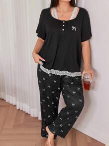 SHEIN Plus Size Women Bow Lace Strap Design Super Soft Black Short Sleeve Top & Pants Pajama Set , Casual Home Wear Nighty, Outfits - Black - View 3