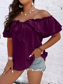 Flirla Plus Size Off-The-Shoulder Solid Color Blouse, Fashionable For Summer - Purple - View 4