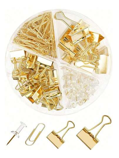 130 peças/2 conjuntos de clipes de fichário sortidos, clipes de papel, alfinetes de pressão, caixa organizadora de papelaria, tamanhos variados, suprimentos fofos para mesa de escritório